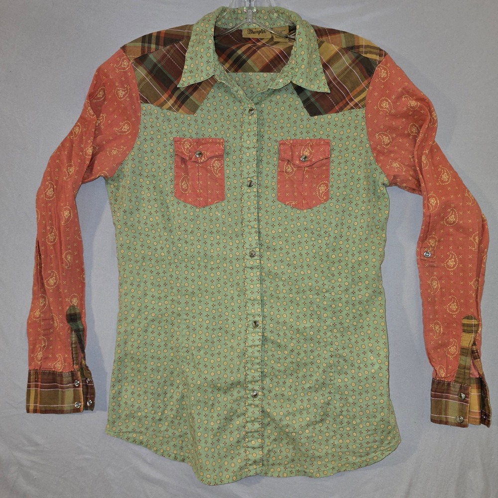 Wrangler Patchwork Green and Coral Western Button-Down Shirt